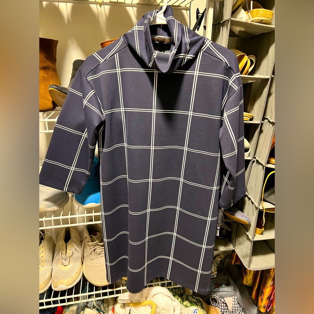 Windowpane mock neck 3/4 sleeve mini dress